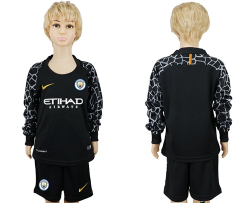 Manchester City Blank Black Goalkeeper Long Sleeves Kid Soccer Club Jersey - Click Image to Close
